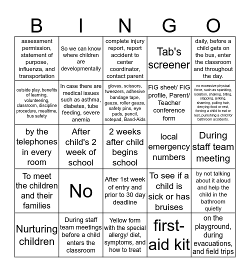 Pre-Service Bingo Card