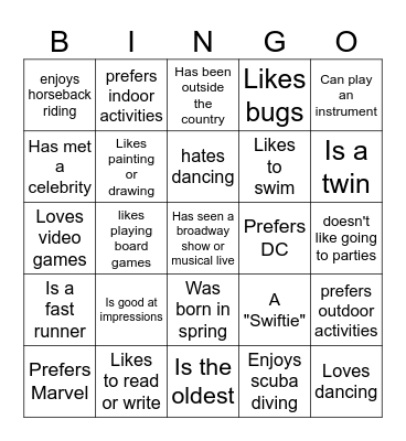 Interests & Hobbies Bingo Card