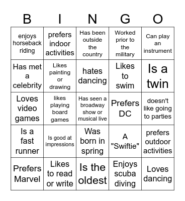 Interests & Hobbies Bingo Card