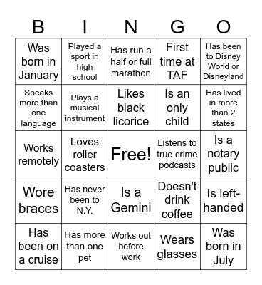 Meet & Greet Bingo Card