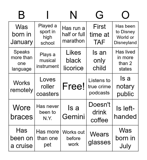 Meet & Greet Bingo Card