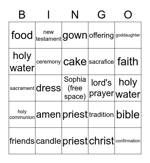 Baptism Bingo Card