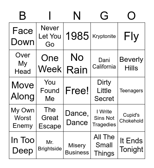 90s/2000s Top Hits Bingo Card