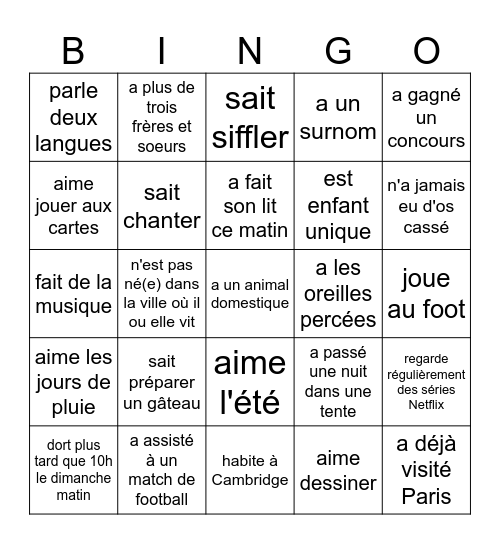 Bingo humain Bingo Card