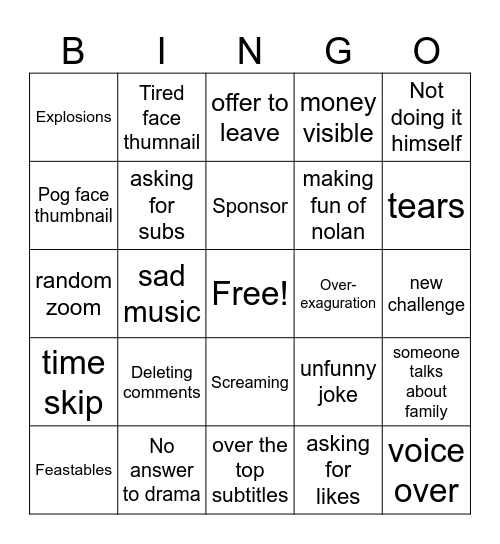 Mrbeast bingo Card