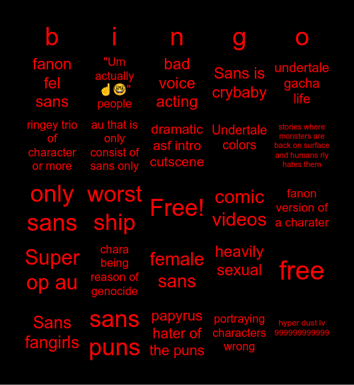 Undertale cringe bigno Bingo Card