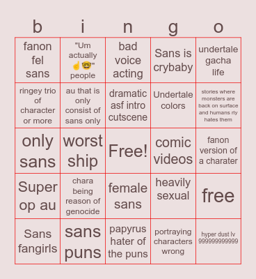 Undertale cringe bigno Bingo Card