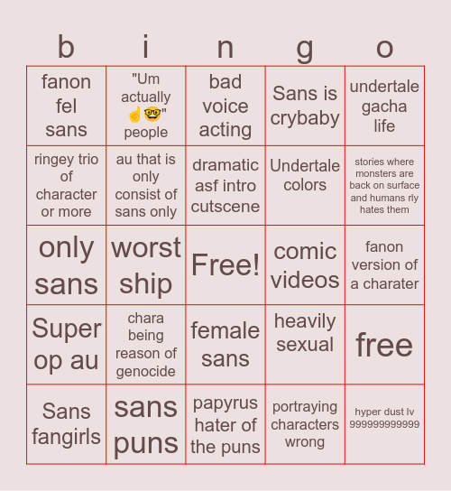 Undertale cringe bigno Bingo Card