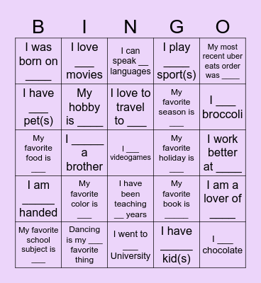 Get To Know Your Teacher Bingo Card