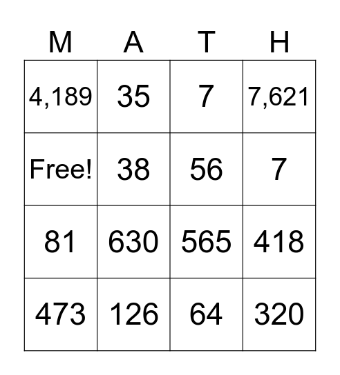 Place Value MATH-o Bingo Card