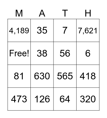 Place Value MATH-o Bingo Card