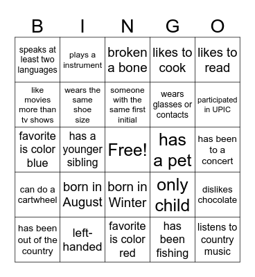 Get to Know You Bingo Card