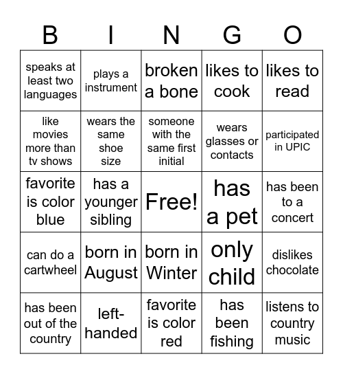 Get to Know You Bingo Card