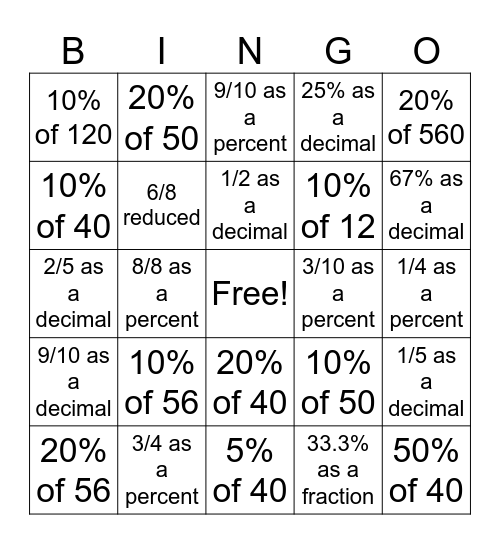 Consumer Math Bingo Card