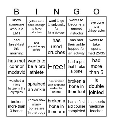 Sports Medicine Bingo Card