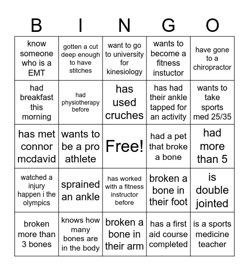 Sports Medicine Bingo Card