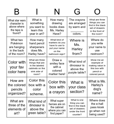 Art Room Bingo Card