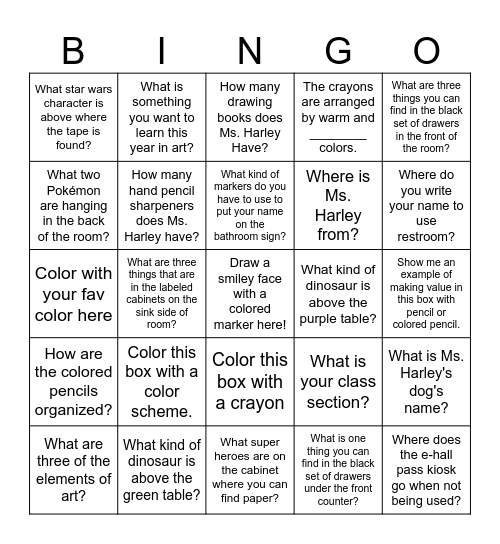 Art Room Bingo Card