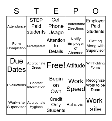 STEP Bingo Card