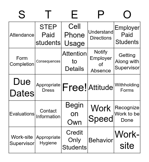 STEP Bingo Card