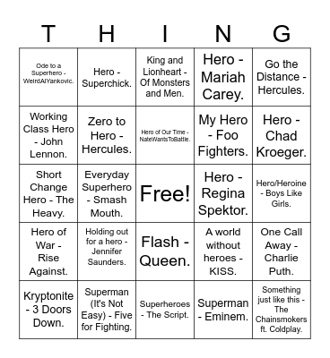 Songs based around the Theme of Hero Bingo Card