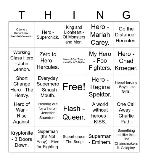 Songs based around the Theme of Hero Bingo Card