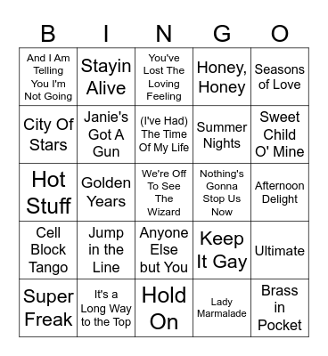 Musical Numbers In Movies Bingo Card