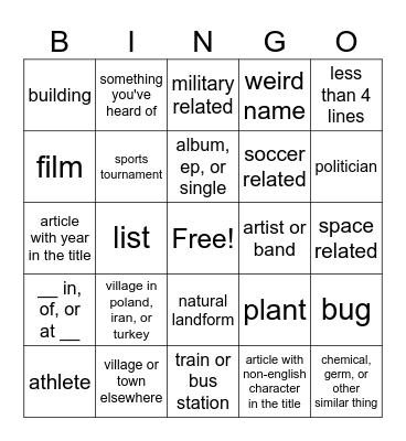 wikipedia random bingo Card