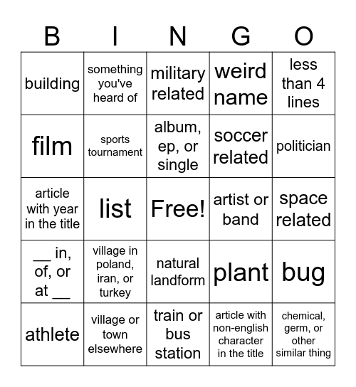 wikipedia random bingo Card