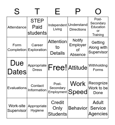 STEP Bingo Card