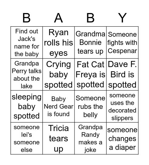 Baby Olson Bingo Card