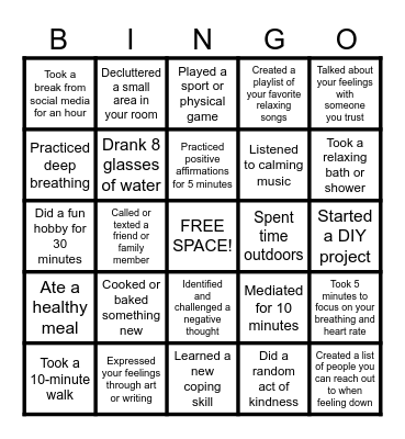 Mental Health Bingo Card