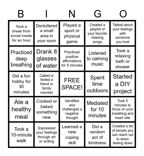 Mental Health Bingo Card