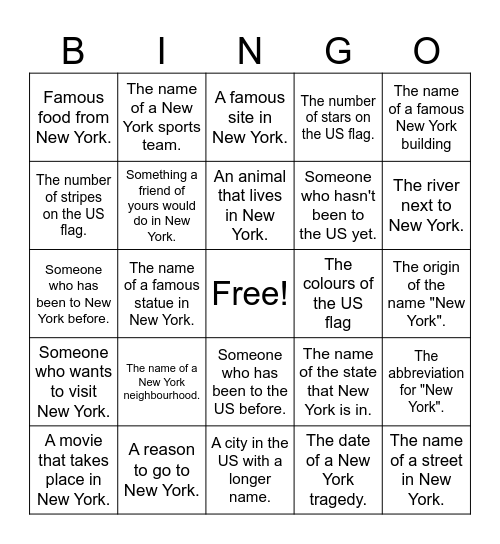 New York Bingo Card