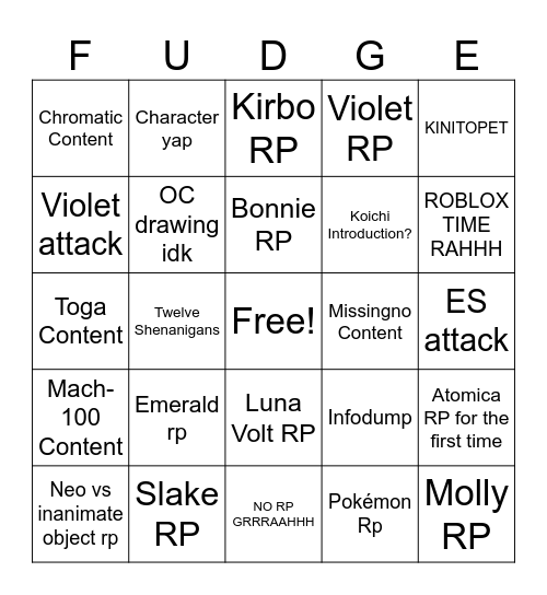 Mii’s RP bingo Card