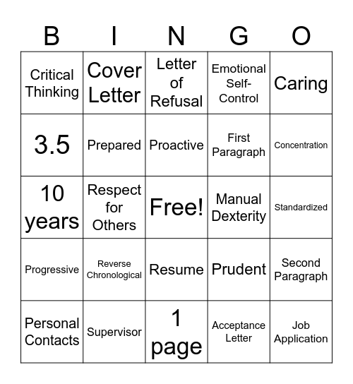 Career Development Bingo Card