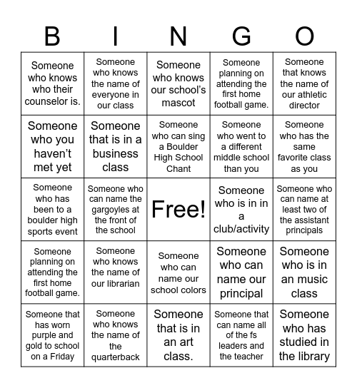 Freshman Seminar Bingo Card