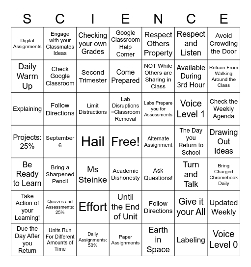 Classroom Expectations and Procedures Bingo Card