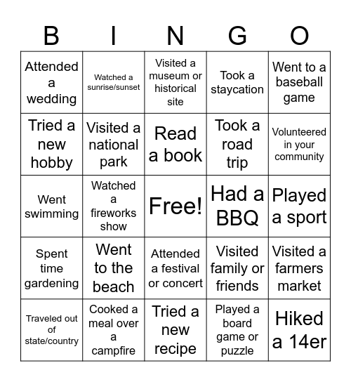 Summer Round Up Bingo Card