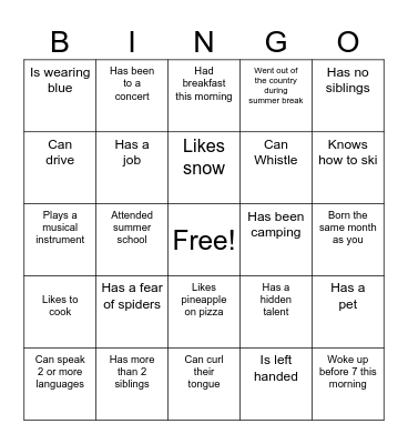 First Day Bingo Card