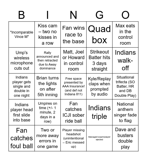 Homestand bingo 8/27 Bingo Card