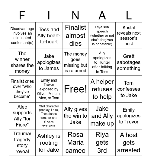 Disventure Camp All-Stars Finale Bingo Card