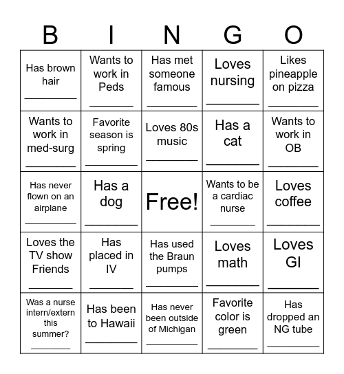 Get To Know You Bingo Card