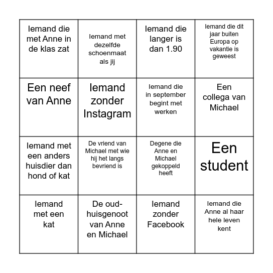 Zoek de juiste gast en noteer de naam! Bingo Card