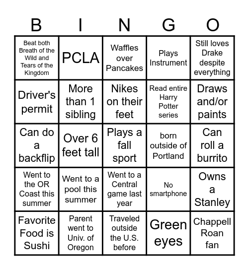 Freshman Icebreaker Bingo Card