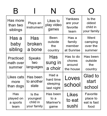 First Day of School Bingo Card