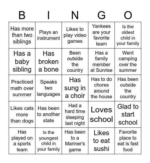 First Day of School Bingo Card