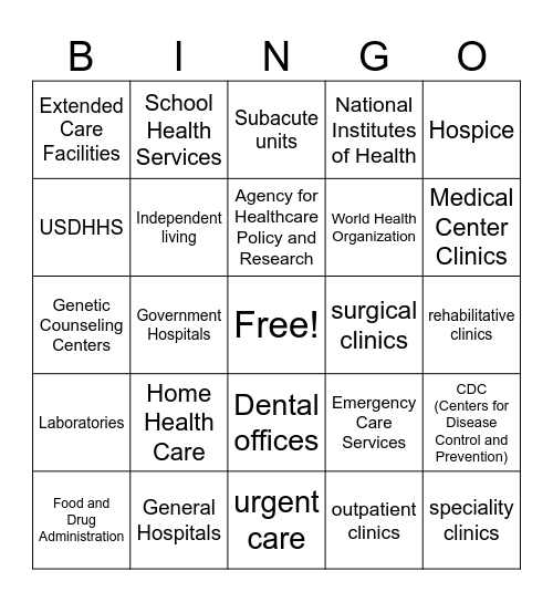 Health Care systems Bingo Card