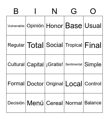 Los cognados Bingo Card