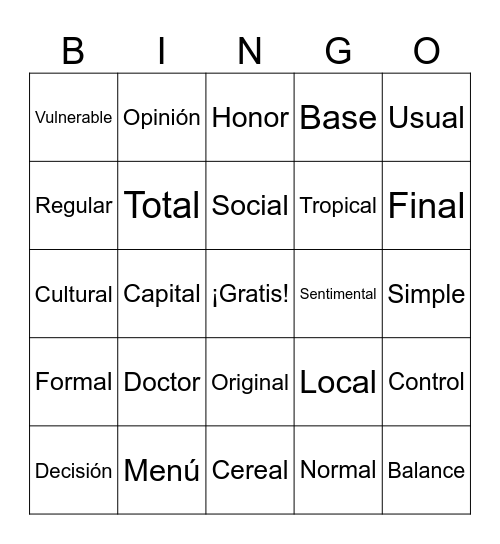 Los cognados Bingo Card